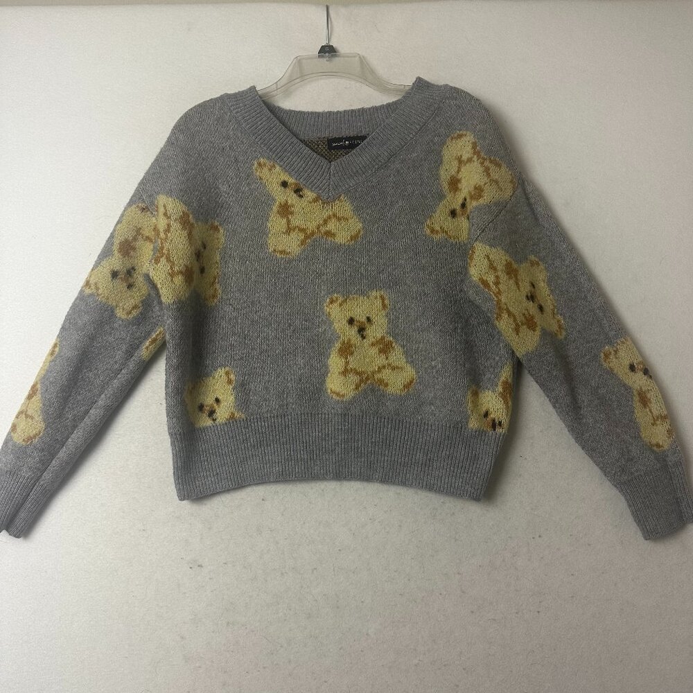 Social Scene Womens Gray Teddy Bear V-Neck Sweater Size‎ Medium Yellow Graphic